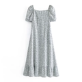 French vintage light blue floral midi dress with square neck, puff sleeves and slit hem - S / Light Blue