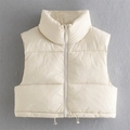 Women's cream white quilted puffer vest with stand collar and adjustable drawstring hem - S / Off White