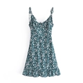 Abito floreale vintage francese con volant e design sottile a vita alta - S / Verde Scuro Floreale