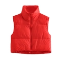 Detail of red stand-collar puffer vest featuring smooth zipper and adjustable hem drawstring - Red