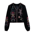 Vintage-Samt-Cardigan mit bunten Blumenstickereien und langen Ärmeln in Schwarz - XS / Schwarz