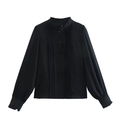 Elegant black long sleeve blouse with ruffles on collar and cuffs for women - XS / Black