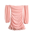 Pink chiffon off-the-shoulder mini dress with ruched body and puffy lantern sleeves - XS / Pink