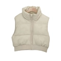 Detail of beige puffer vest with stand-up collar, zipper, and ribbed elastic hemline - XS / Off White