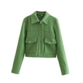 Chaqueta corta verde hierba para mujer con cuello de solapa, bolsillos y botones de metal - S / Verde