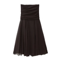 Elegant dark brown strapless pleated midi dress with ruched bodice and flowing chiffon skirt - XS / Dark Coffee