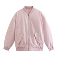 Detailed macro view of pink bomber jacket with silver zipper and diamond quilted lining - S / Pink