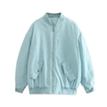 Detail of light blue bomber jacket showing zipper, ribbed cuffs, and buttoned side pockets - Light Blue