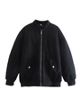 Classic black oversized bomber jacket with silver zipper and ribbed trim on plain background - XS / Black