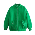 Detail of bright green bomber jacket with silver zipper and ribbed knit collar - S / Green