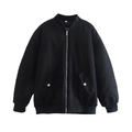 Detail of a black bomber jacket featuring a silver zipper and ribbed cuffs and hem - S / Black