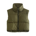 Detail of dark green puffer vest showing high collar and adjustable drawstring hem - Dark Green