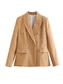 Women's camel double-breasted blazer featuring peaked lapels and silver buttons - Dark Khaki