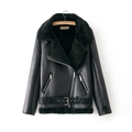 Detail of a black faux leather shearling jacket with biker lapels and textured fur trim - S / Black