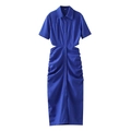 Detailed view of royal blue shirt dress with waist cut-outs and pleated skirt details - XS / Blue