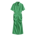 Close-up of grass green shirt dress featuring waist cut-outs and gathered ruched details - XS / Grass Green