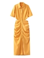 Modern yellow midi shirt dress with waist cut-outs and gathered ruched front detail - Orange