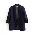 Women's dark blue casual blazer with ruched 3/4 sleeves and smooth shawl collar - S / Dark Blue