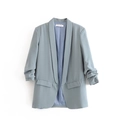 Detail showing shawl collar and Ruched 3/4 sleeves on light blue casual blazer - Light Blue
