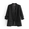 Detail of ruched sleeves and decorative flap pockets on a black shawl collar blazer - S / Tops / Black