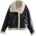 Giacca invernale da donna in ecopelle nera con colletto in montone bianco e pile - XS / Nero