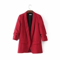 Detail of red blazer with shawl collar and pleated sleeves for women business style - True Red