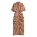 Short sleeve buttoned midi dress in brown with waist cut-outs and pleated hem detail - Brown