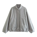 Women's Y2K style grey fleece bomber jacket with stand collar and large pockets - Light Gray
