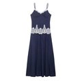 Abito blu navy a righe sottili linea ad A con finiture in pizzo bianco e scollo a V - S / Blu scuro
