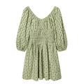 Floral print long sleeve mini dress with smocked waist and elastic puff sleeves - XS / Green