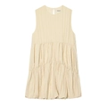 Elegant beige sleeveless pleated dress with tiered layers and minimalist round neckline - XS / Beige