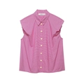Pink and white checkered sleeveless shirt featuring classic collar and ruffle shoulders - XS / Purple