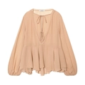 Camicetta da donna in chiffon rosa a maniche lunghe con scollo a V e balza elegante - XS / Arancione
