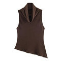 Top sin mangas para mujer marrón oscuro con cuello drapeado y dobladillo asimétrico - XS / Marrón Oscuro