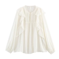 Chemisier chic en mousseline blanche à manches longues avec volants et broderie plissée - XS / Blanc