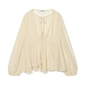 Elegante camicetta in chiffon crema a maniche lunghe con scollo a V e balze a strati - XS / Giallo