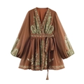 Mini abito boho marrone scuro con scollo a V, stampa paisley verde e maniche a sbuffo - S / Marrone Multicolore