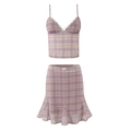Completo due pezzi da donna con crop top a quadri e gonna a balze con pizzo - Taglia S / Viola chiaro