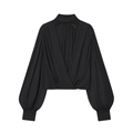 Elegante schwarze Langarmbluse mit Laternenärmeln und plissiertem Kreuzhals-Design - XS / Schwarz