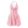 Abito rosa a sottoveste con ricamo floreale in pizzo e rosa 3D su sfondo bianco - Taglia S / Rosa