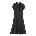 Vintage zwarte midi-jurk met witte stippen, elegante strikhals en korte mouwen - XS / Zwart Polka Dot