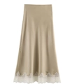 Detail of champagne satin midi skirt with delicate white lace trim on the hemline - Khaki