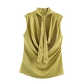 Elegant mustard silk satin sleeveless blouse featuring a pussy-bow tie and draped detail - XS / Matcha Green