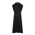 Abito midi nero sfiancato con scollo a V, cintura sottile e fibbia dorata in metallo - S / Nero