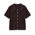 Damen Strick-Polo-Oberteil in Schokoladenbraun mit kurzen Ärmeln und Metallknöpfen - S / Tops
