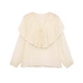 Elegante beige Langarmbluse mit V-Ausschnitt, Spitzenbesatz am Rüschenkragen und Band - XS / Gebrochenes Weiß