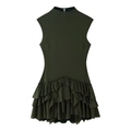 Detail of olive green sleeveless tiered dress with ruffled hem and stand collar design - XS / Dark Green