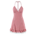 Rode gingham halterjurk voor dames met witte kantafwerking en een rucheszoom - S / Rood Wit Ruit