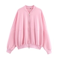 Pink zip-up bomber jacket with ribbed collar and loose fit casual silhouette - Pink Top