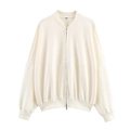 Light beige long-sleeved bomber jacket with zipper and ribbed edges in drop shoulder design - Cream White Top